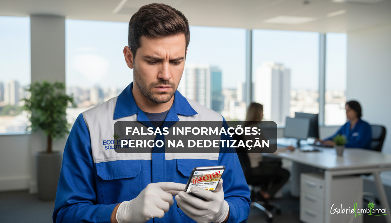 Profissional de dedetização em Brasília lendo notícias falsas em um tablet, com fundo de escritório moderno e banner central de alerta sobre 'FALSAS INFORMAÇÕES: PERIGO NA DEDETIZAÇÃO'.