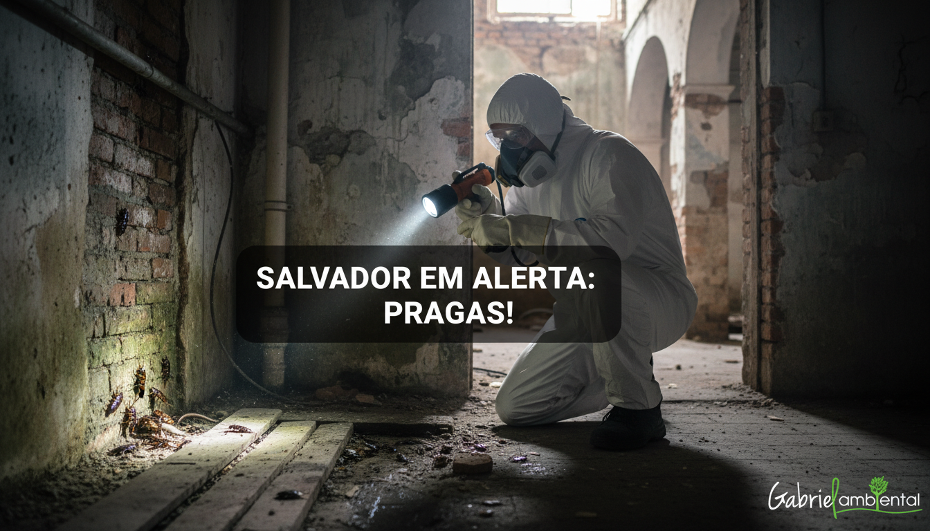 Técnico de dedetização profissional inspecionando um ambiente urbano em Salvador, Brasil, para identificar focos de pragas, com um banner "SALVADOR EM ALERTA: PRAGAS!" no centro da imagem.