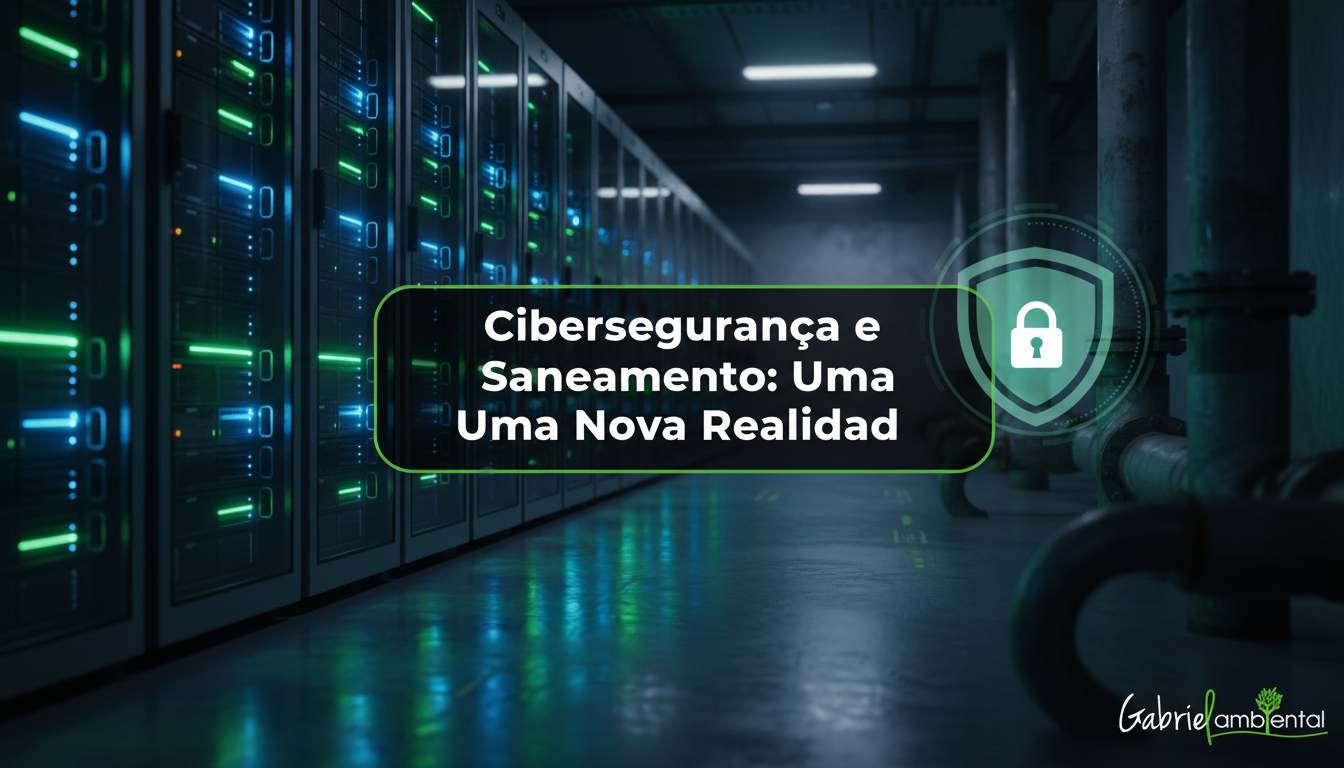 Infraestrutura de datacenter moderna com luzes digitais, simbolizando cibersegurança, e elementos sutis de saneamento urbano. No centro, uma tarja com a frase 'Cibersegurança e Saneamento: Uma Nova Realidade'.