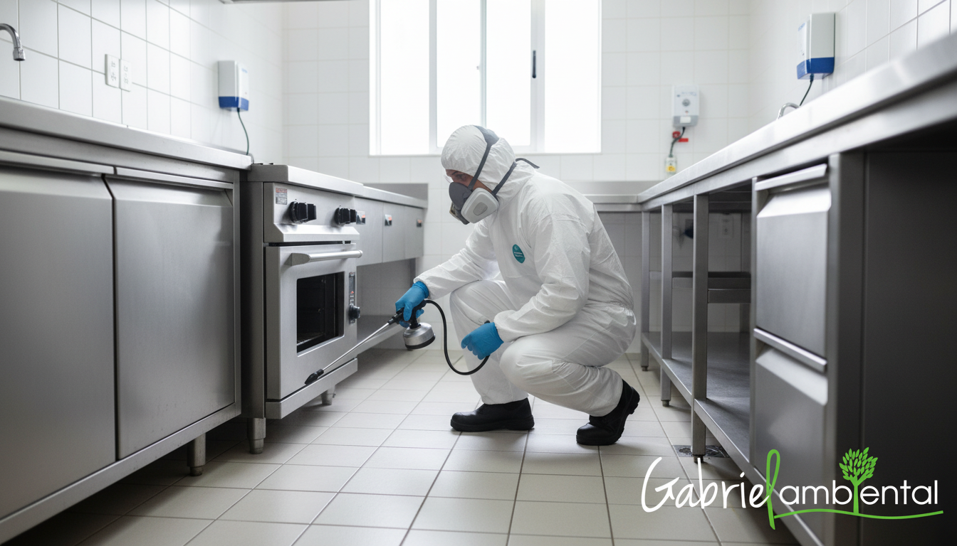 Técnico de dedetização profissional usando EPI completo em uma cozinha comercial em Ribeirão Preto, aplicando produtos com segurança.