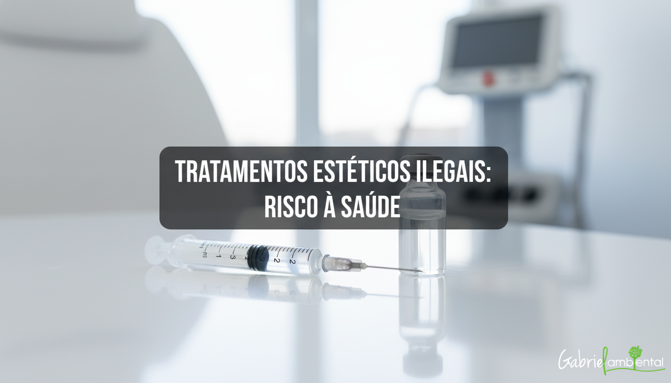Seringa próxima a frasco sem rótulo em superfície estéril, com equipamentos médicos ao fundo. Tarja central indica 'Tratamentos Estéticos Ilegais: Risco à Saúde'.