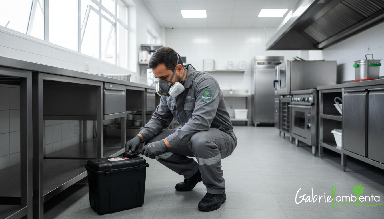 Técnico de dedetização inspecionando uma caixa de isca para controle de roedores em um ambiente comercial de Porto Alegre.