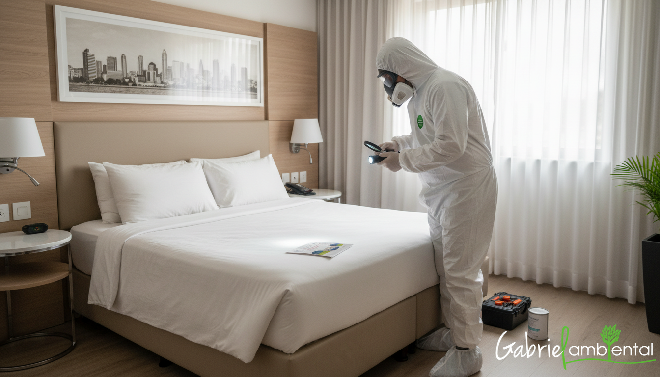 Técnico de controle de pragas usando EPI inspecionando um colchão em busca de percevejos em um quarto de hotel em Belo Horizonte.