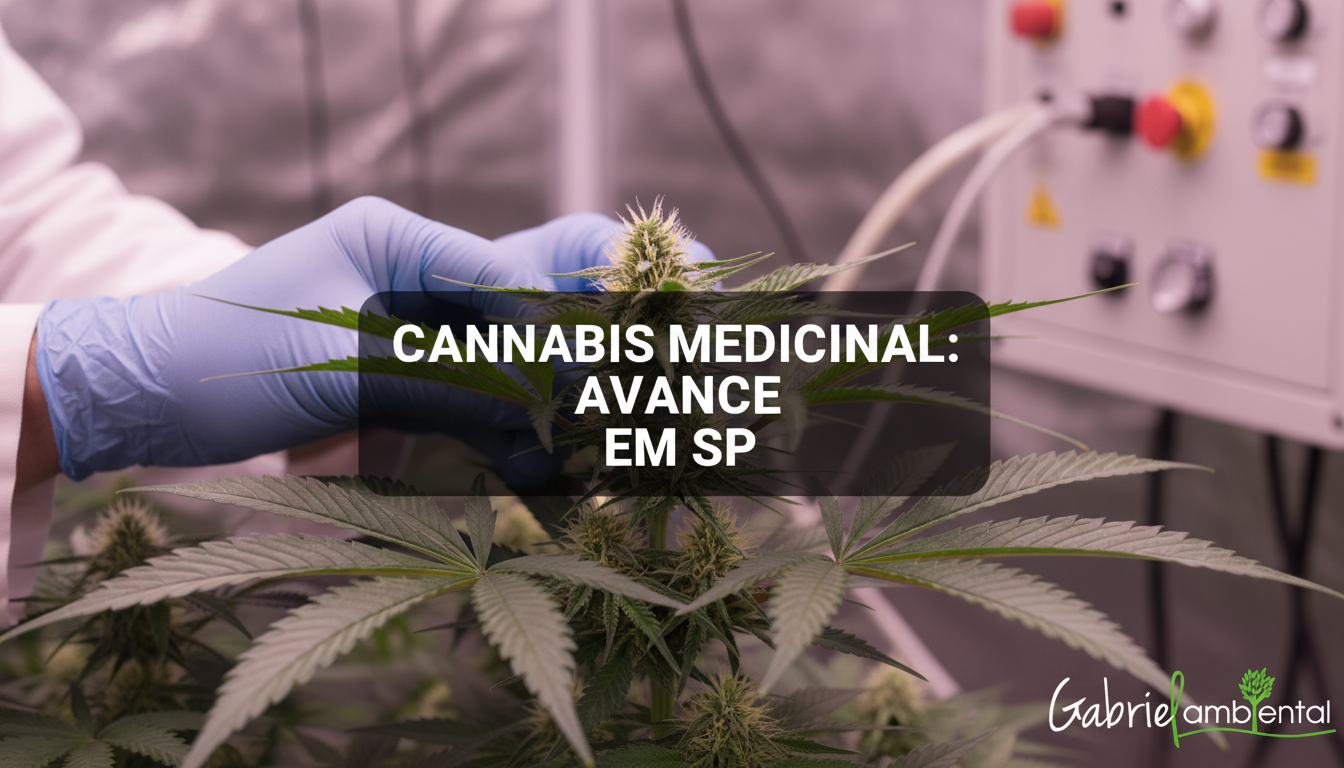 Homem inspeciona planta de cannabis em cultivo indoor, com banner sobre decisão judicial de cannabis medicinal em São Paulo.