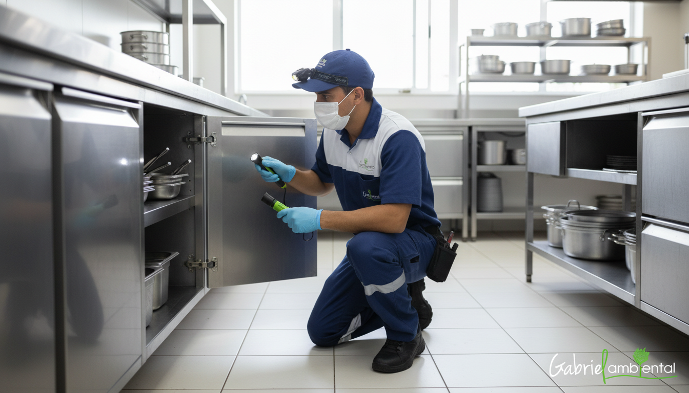 Técnico de controle de pragas altamente treinado inspecionando armários em cozinha comercial para sinais de baratas em Campinas.