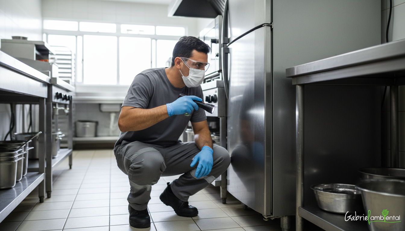 Técnico de dedetização inspecionando uma cozinha comercial em São Paulo em busca de baratas, usando uma lanterna e equipamentos de proteção individual.