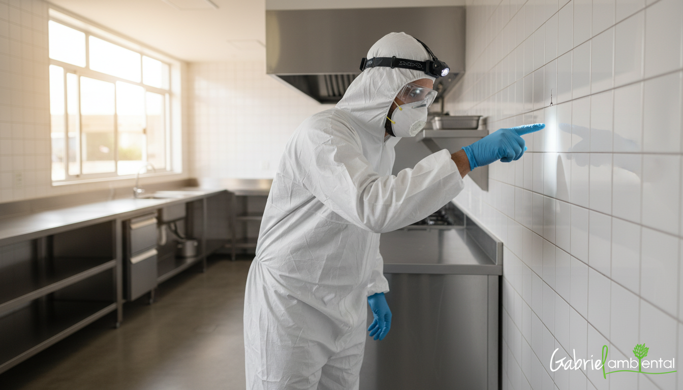 Técnico de dedetização inspecionando uma cozinha comercial em São Paulo para identificar focos de baratas, vestido com EPI completo.