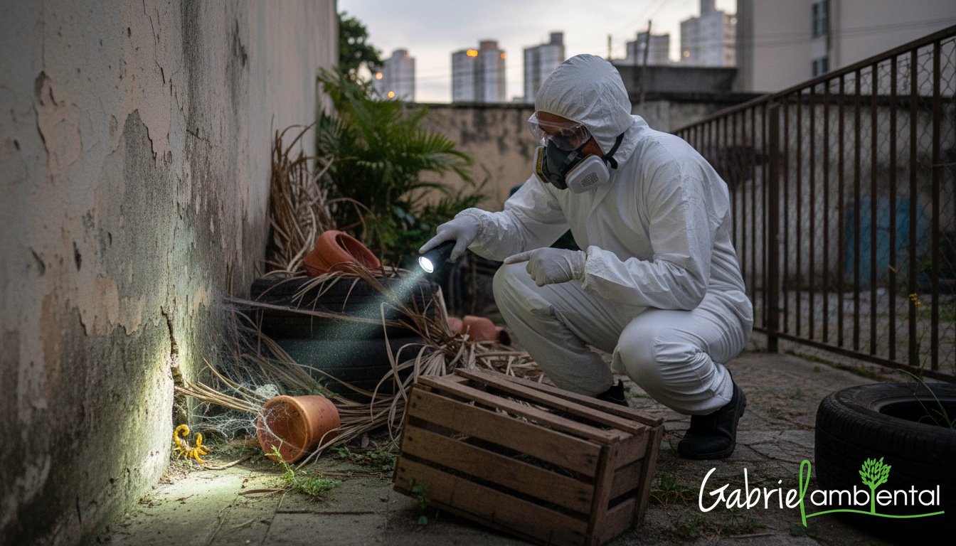 Técnico de dedetização inspecionando um local escuro em Campinas em busca de escorpiões, usando lanterna e EPI completo.