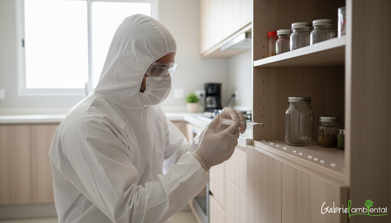 Técnico de controle de pragas aplicando gel formicida em Sorocaba, destacando a precisão e segurança no serviço.