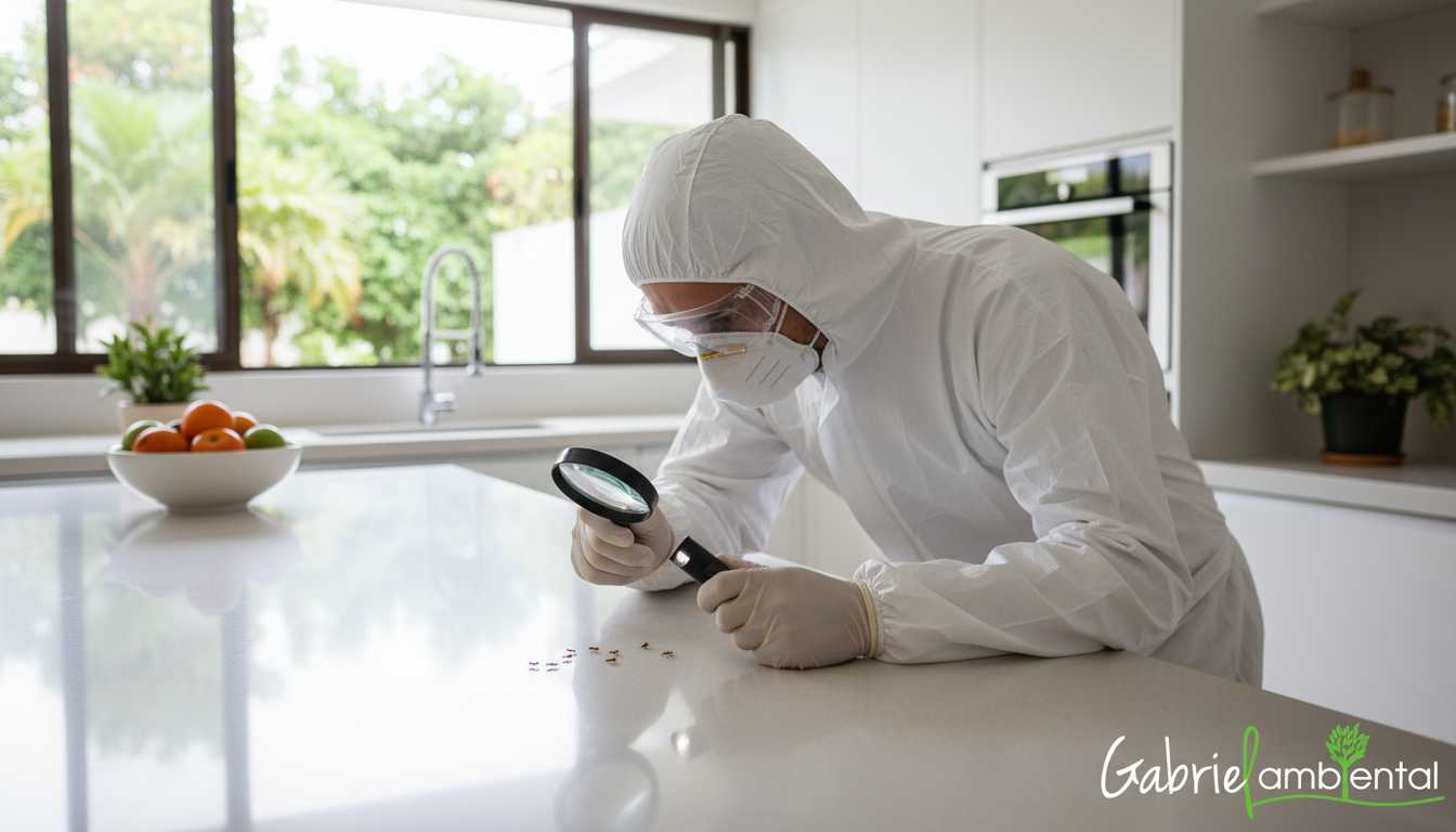 Técnico de dedetização inspecionando balcão de cozinha em Sorocaba em busca de formigas