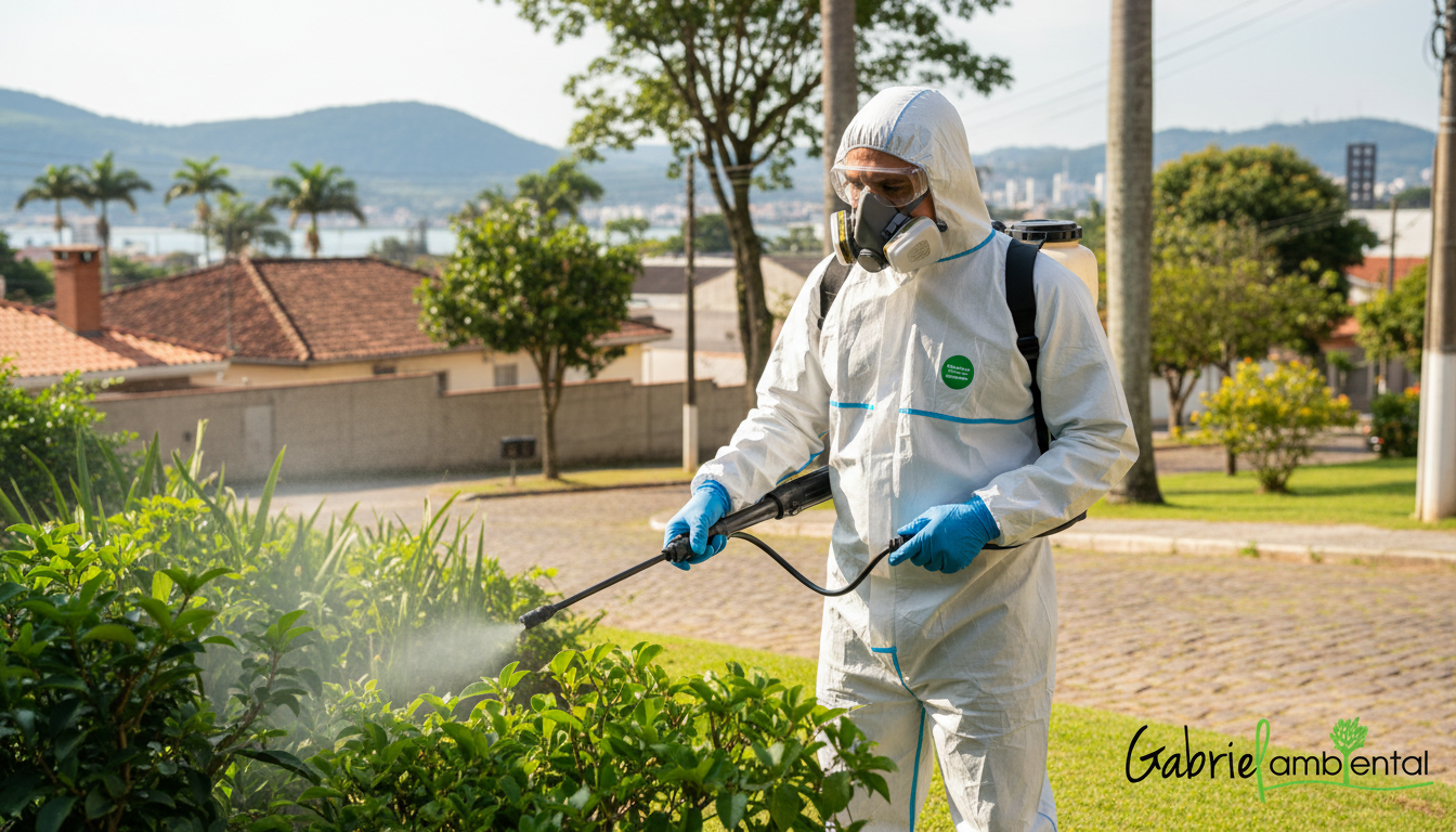 Técnico de dedetização de mosquitos em Porto Alegre aplicando tratamento em área externa