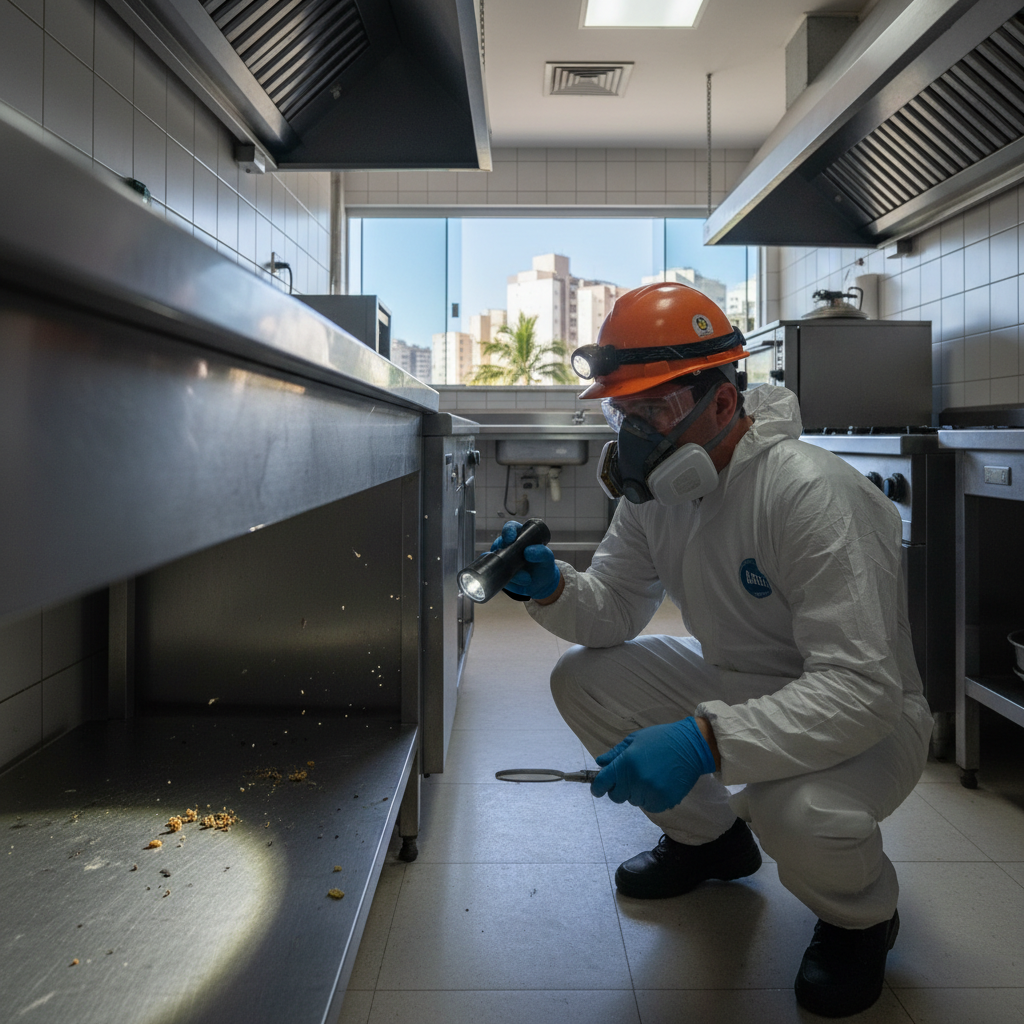 Técnico de dedetização em Campinas inspecionando uma cozinha comercial, procurando por focos de infestação de pragas.