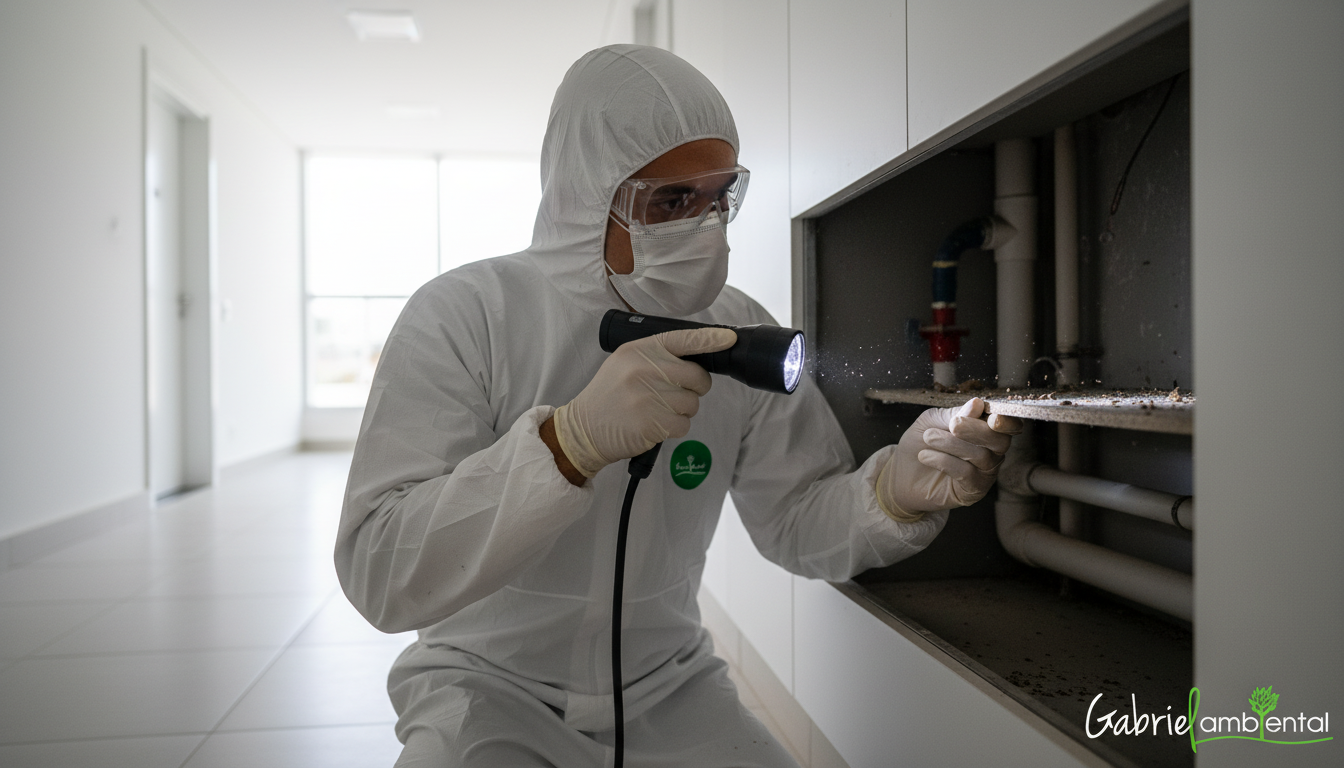 Técnico de dedetização profissional em Sorocaba inspecionando local, vestindo EPI completo, com foco em detalhes de infestação