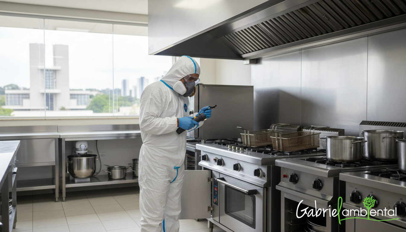 Técnico de dedetização em Brasília inspecionando cozinha comercial com equipamentos de proteção individual.