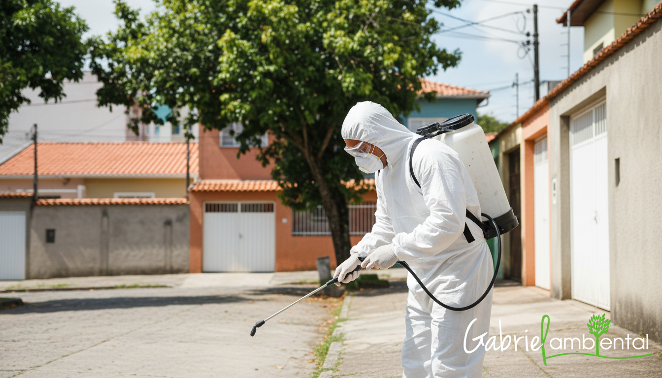 Técnico de dedetização profissional em São Bernardo do Campo, aplicando tratamento de controle de pragas em área residencial, com EPI completo