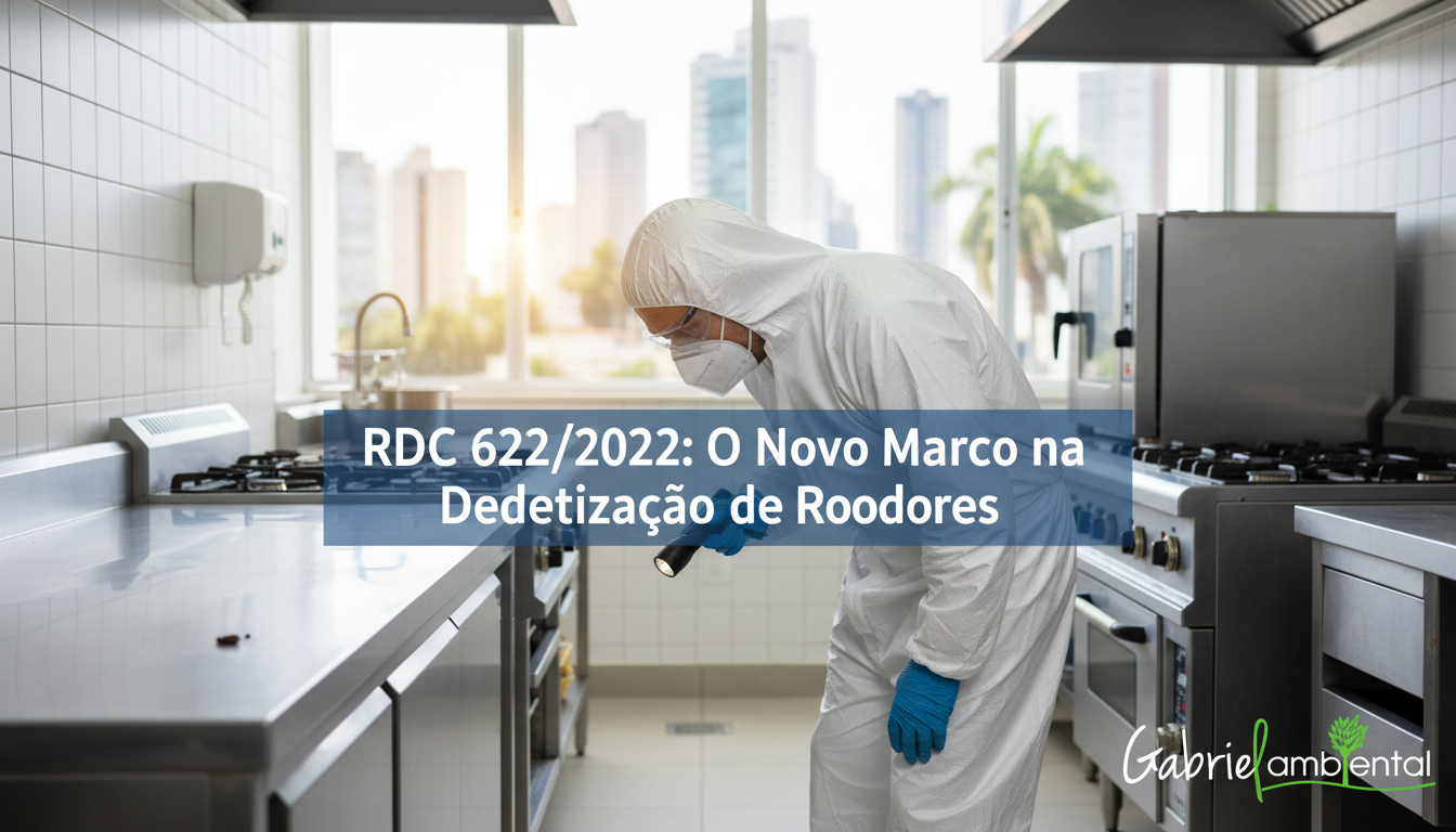 Técnico de dedetização inspecionando local para controle de roedores em Ribeirão Preto, com foco na RDC 622/2022 da ANVISA.