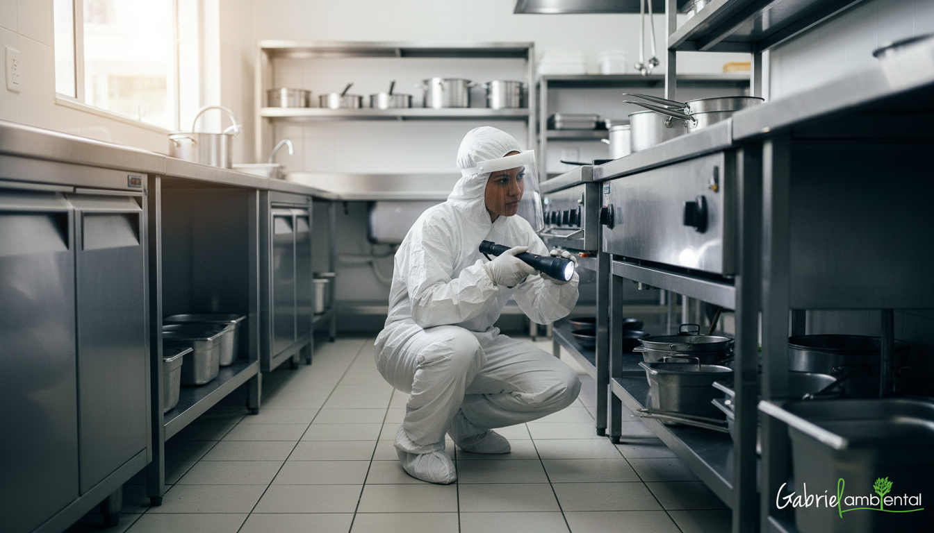 Técnico de dedetização inspecionando cozinha comercial em São Paulo em busca de sinais de ratos, usando EPI adequado.