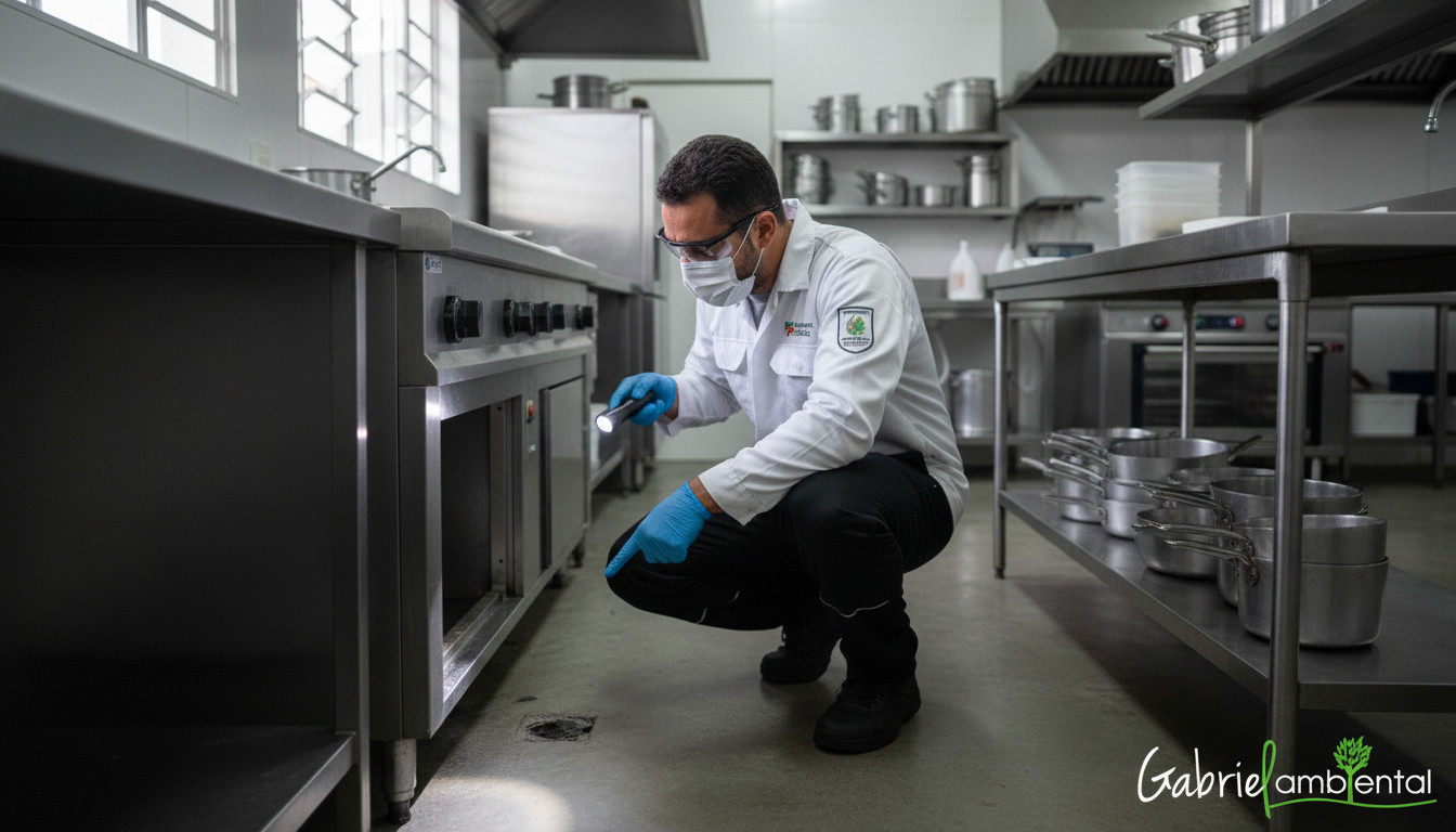 Técnico de dedetização inspecionando uma cozinha comercial em Jundiaí para identificar vestígios de roedores.