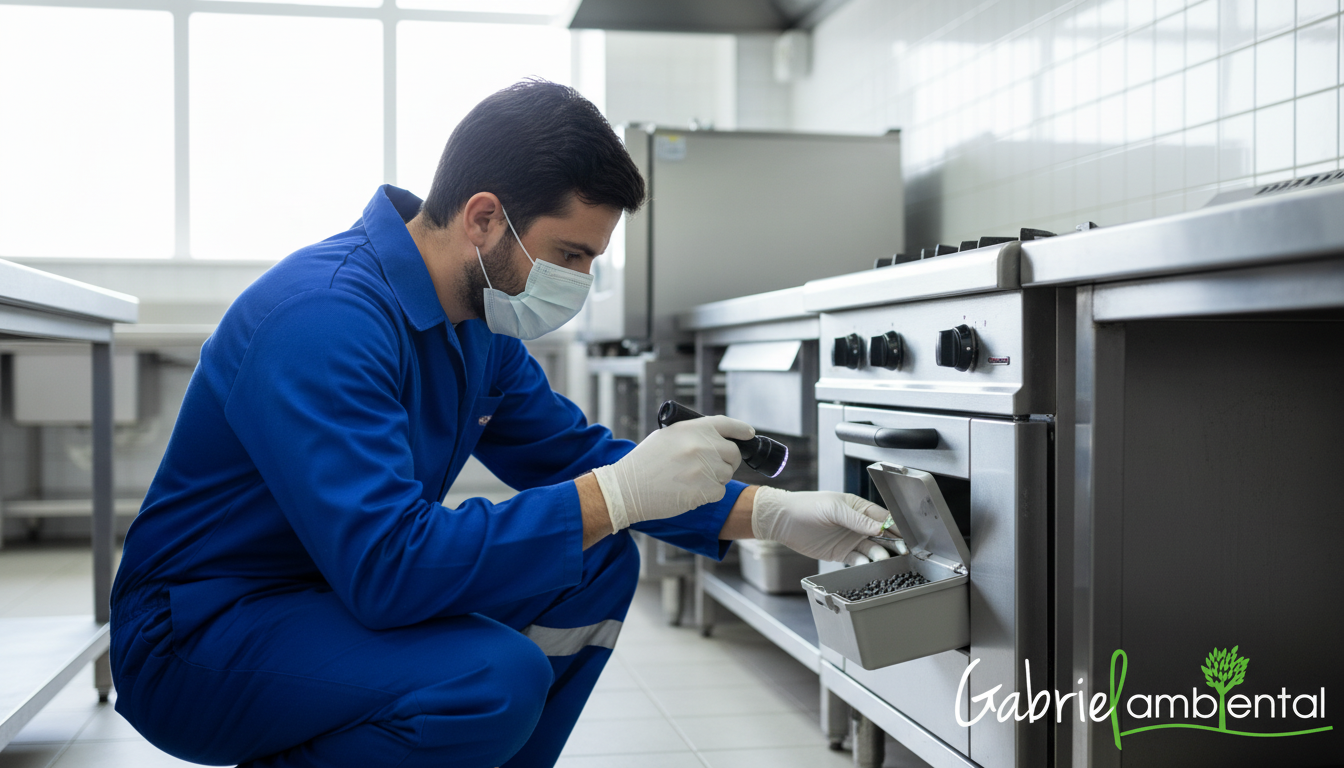 Técnico de dedetização inspecionando uma estação de isca para controle de ratos em uma cozinha comercial em São Paulo, com foco e EPI completo.