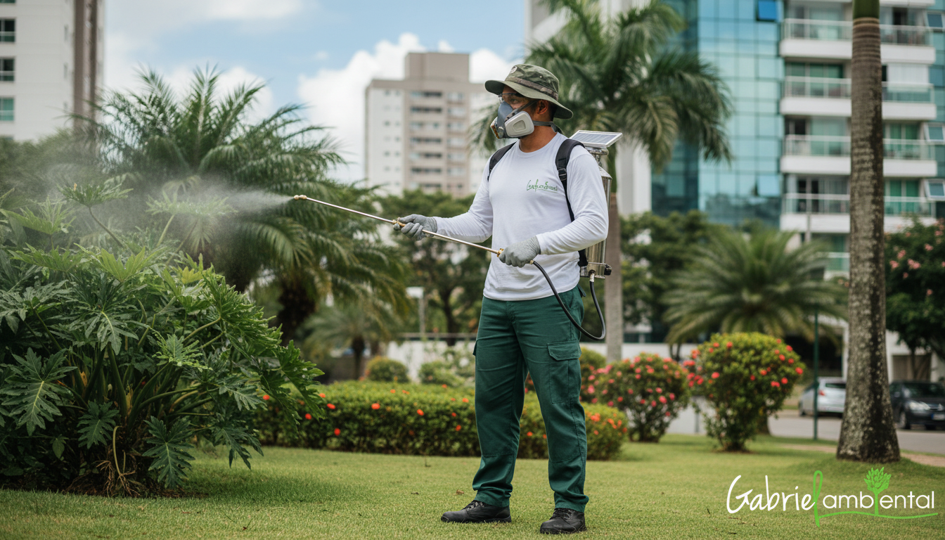 Técnico de dedetização aplicando produto sustentável em área verde de Campinas, com equipamentos modernos e EPI. A imagem transmite profissionalismo e compromisso ambiental.