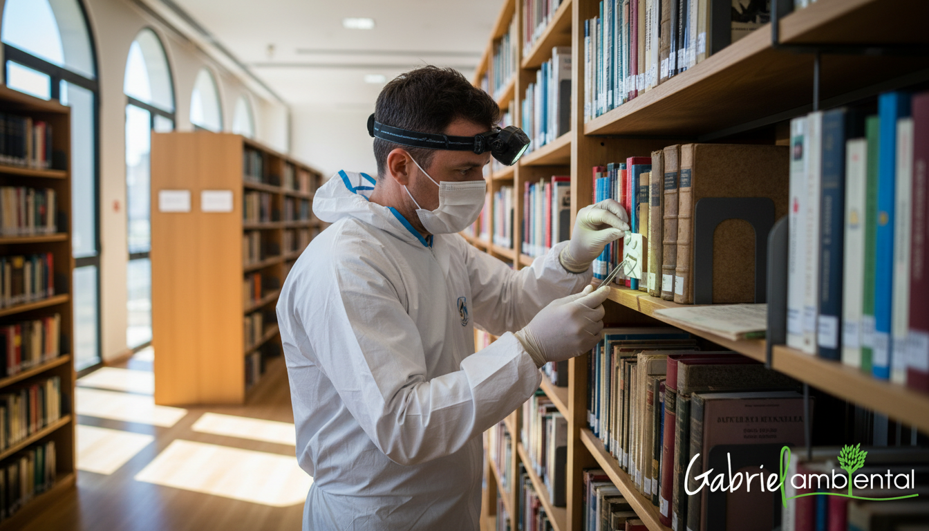 Técnico de dedetização inspecionando biblioteca para identificar traças em São Paulo, demonstrando profissionalismo e atenção aos detalhes.
