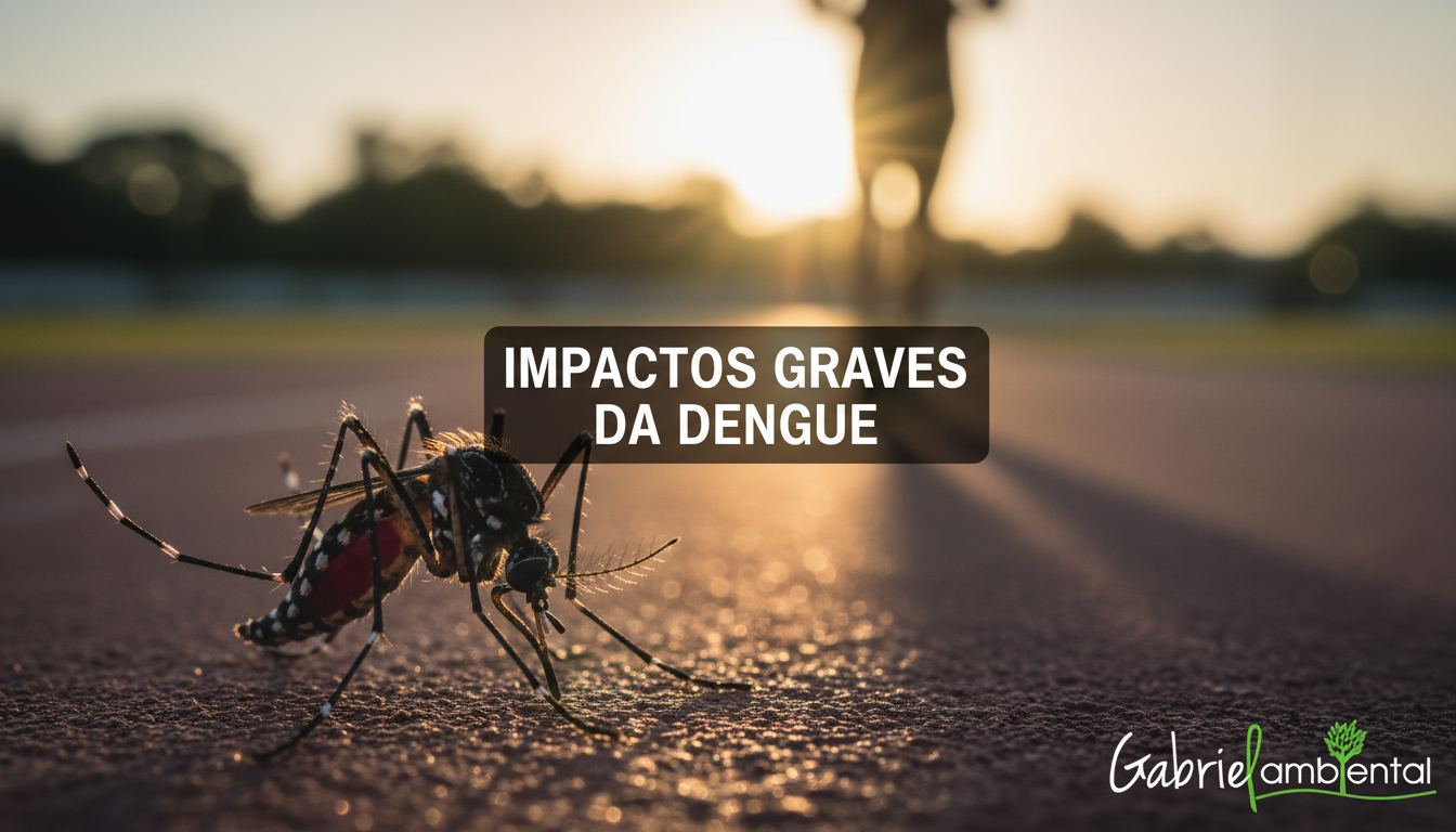 Mosquito Aedes aegypti em primeiro plano, com atleta correndo ao fundo, ilustrando os graves impactos da dengue em São Paulo.
