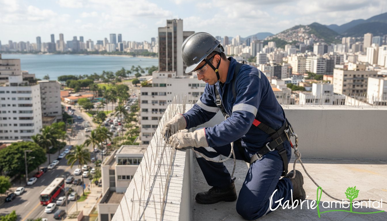 Técnico de controle de pragas instalando barreiras anti-pombos em telhado de prédio em Campinas