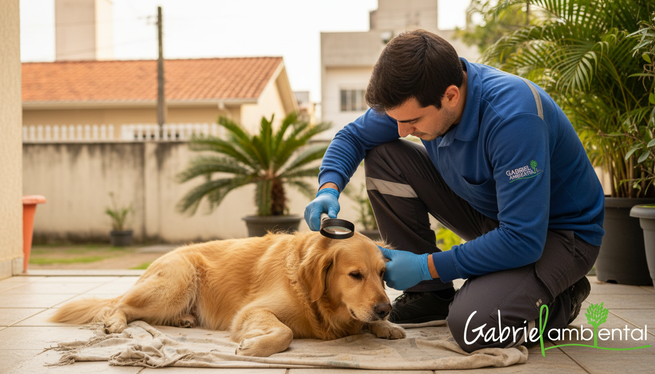 Técnico de controle de pragas em Guarulhos inspecionando animal doméstico em busca de pulgas e carrapatos