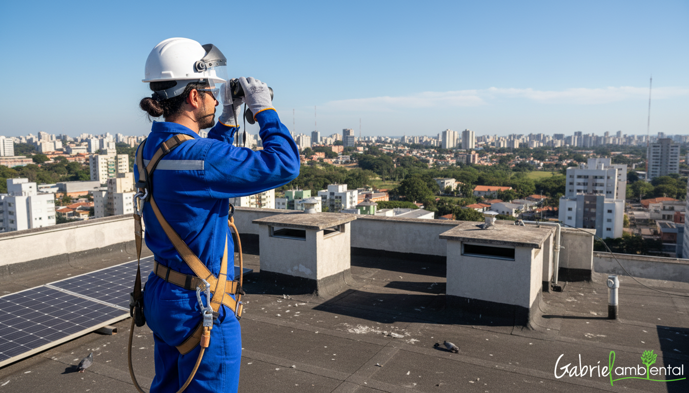 Técnico de controle de pragas inspecionando um telhado em Campinas para identificar focos de pombos, com a cidade ao fundo.