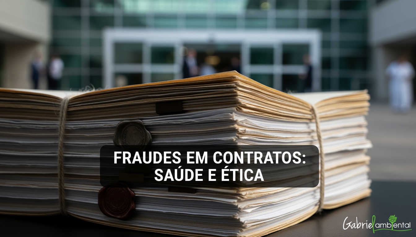 Documentos oficiais com selos e sombras, simbolizando investigações e fraudes em contratos de saúde em Goiás. Tarja central com 'FRAUDES EM CONTRATOS: SAÚDE E ÉTICA'.