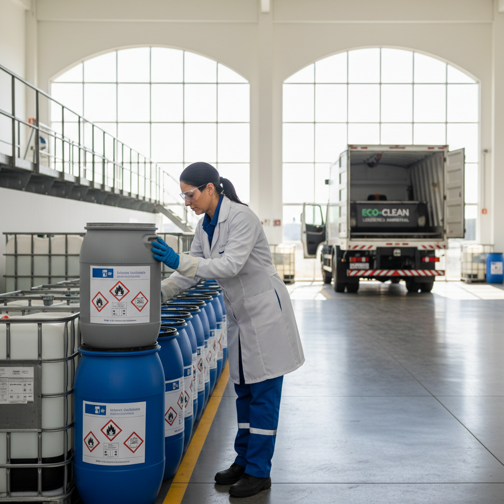 Técnico ambiental brasileiro inspecionando recipientes de resíduos químicos perigosos em uma instalação de gerenciamento de resíduos, demonstrando segurança e conformidade.