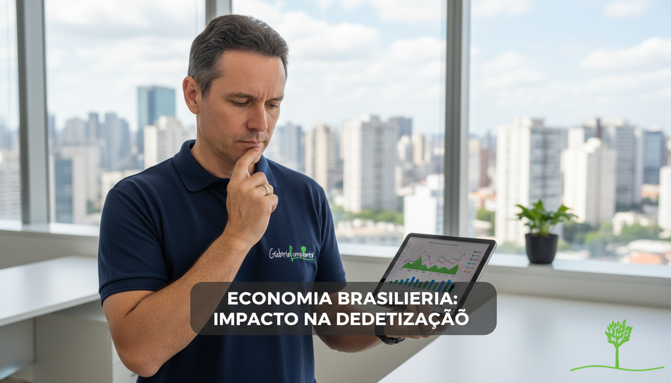 Empresário de controle de pragas em São Paulo analisando dados econômicos em tablet, com skyline da cidade ao fundo e faixa central 'Economia Brasileira: Impacto na Dedetização'.