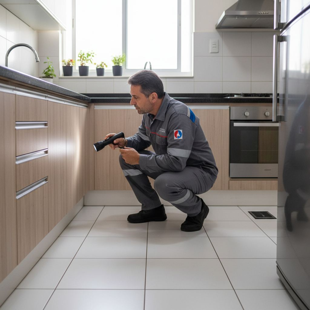 Controlador de pragas profissional em Campinas inspecionando uma cozinha residencial, aplicando conceitos de Manejo Integrado de Pragas (MIP).