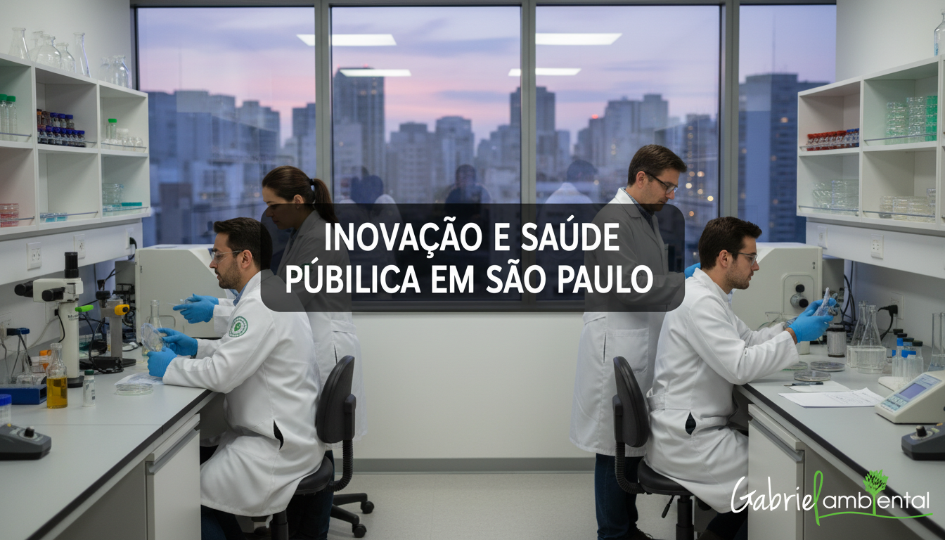 Cientistas em laboratório moderno, com equipamentos de ponta, simbolizando inovação em saúde e controle de pragas em São Paulo. Há uma tarja central com o texto 'INOVAÇÃO E SAÚDE PÚBLICA EM SÃO PAULO'.