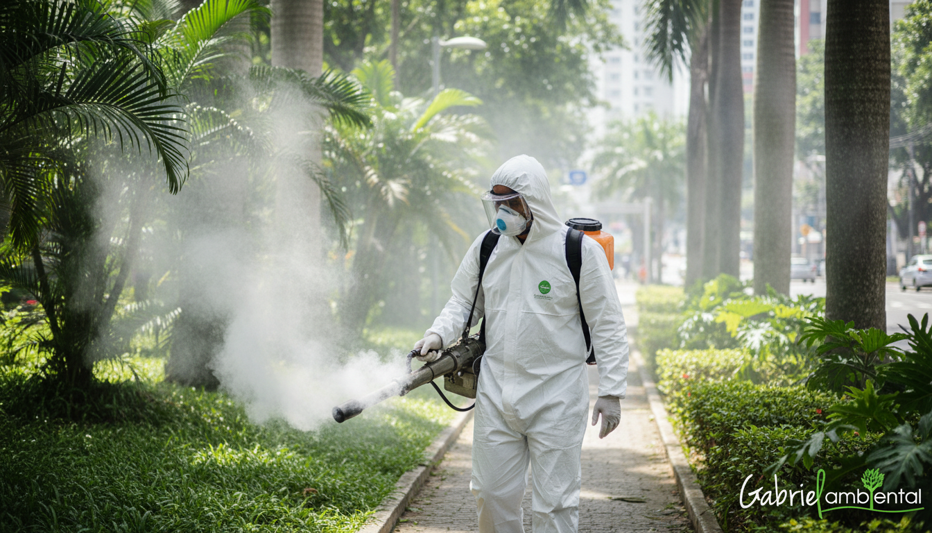 Técnico profissional realizando aplicação de controle de mosquitos em uma área urbana arborizada de Manaus, utilizando equipamento de nebulização.