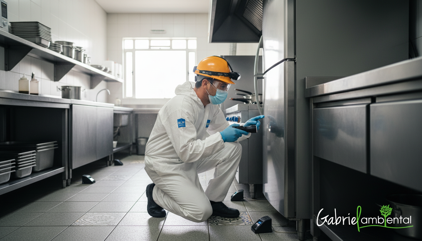 Técnico de dedetização inspecionando sinais de roedores em uma cozinha comercial em Curitiba