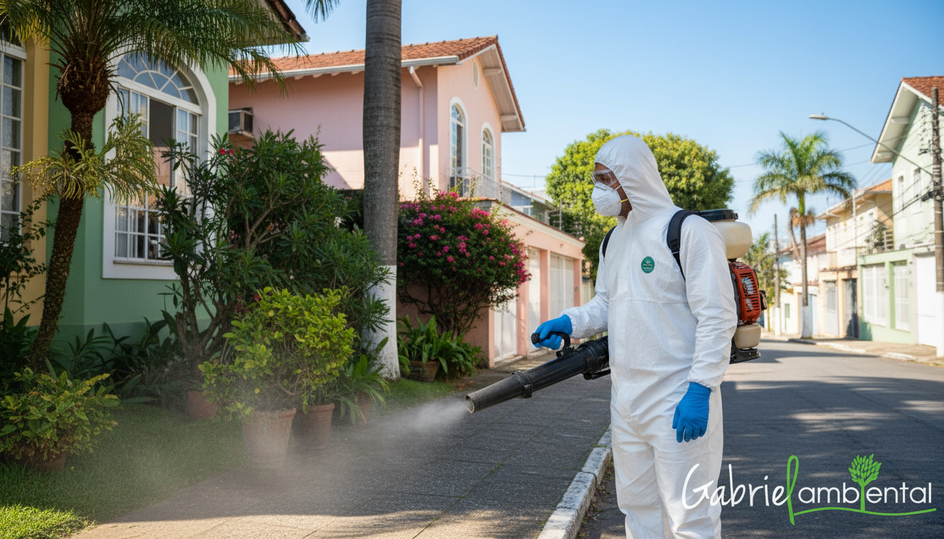 Técnico de dedetização realizando controle de mosquitos em área urbana de Porto Alegre, aplicando produto com pulverizador costal.