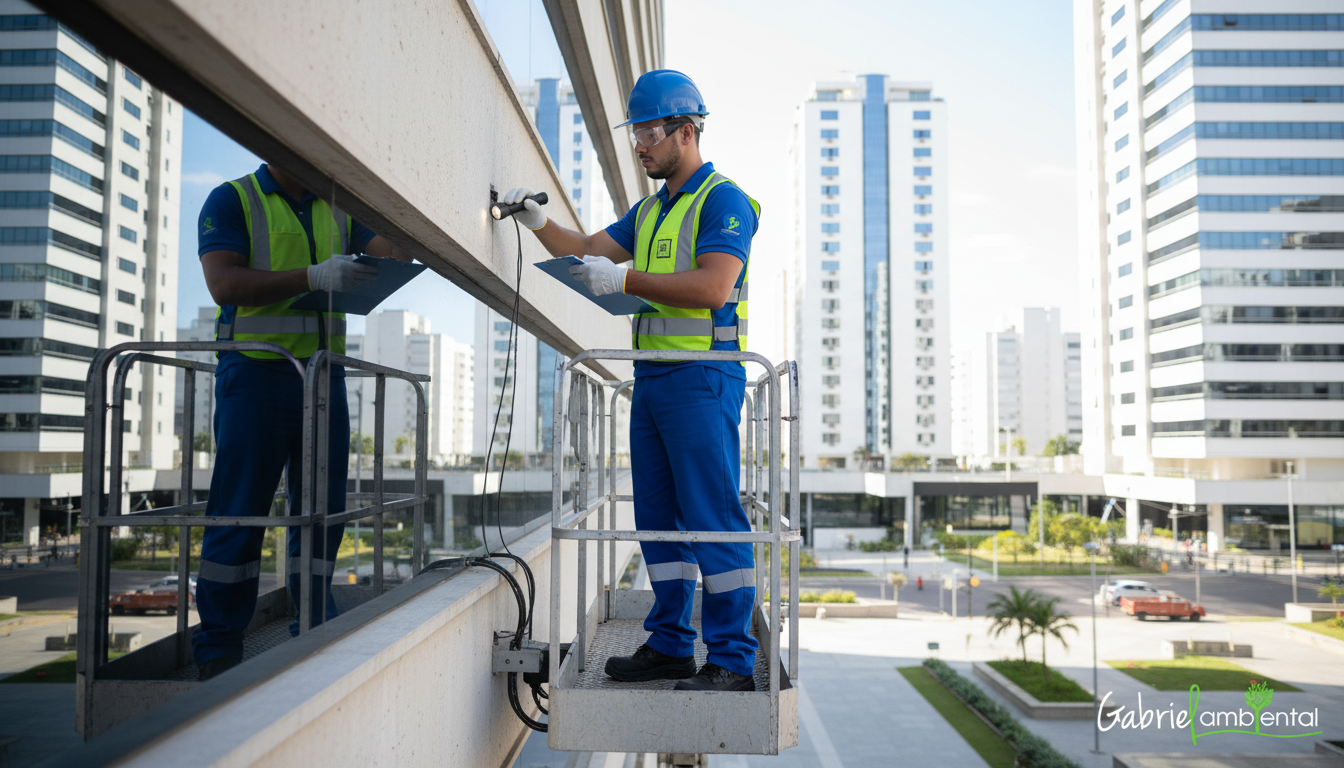 Técnico de controle de pragas em Sorocaba inspecionando uma edificação comercial com equipamentos de segurança, focando na prevenção e no Manejo Integrado de Pragas.