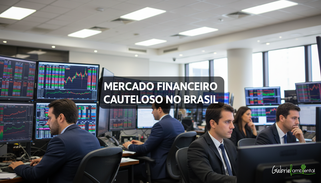 Profissionais do mercado financeiro observam telas de computador em uma sala de operações em São Paulo, com o título 'MERCADO FINANCEIRO CAUTELOSO NO BRASIL' em um banner central.