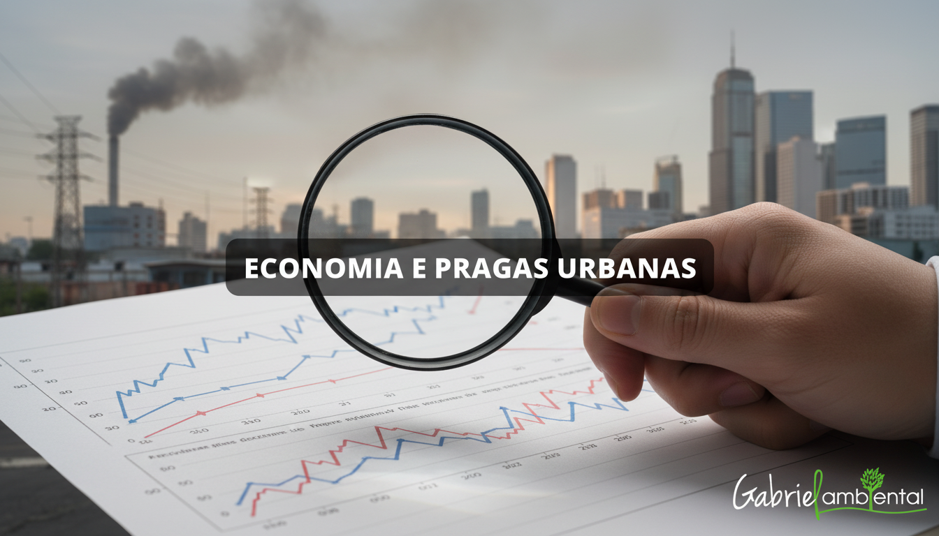 Mão segurando lupa sobre gráfico financeiro com fundo de cidade de Campinas, simbolizando o impacto econômico e o controle de pragas.