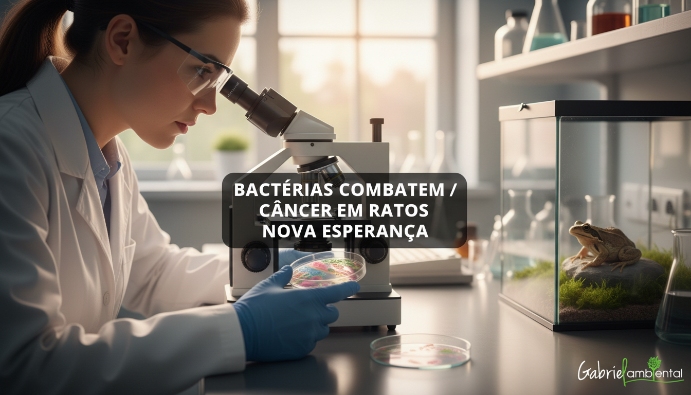Cientista analisando bactéria intestinal de rã para tratamento de câncer em ratos