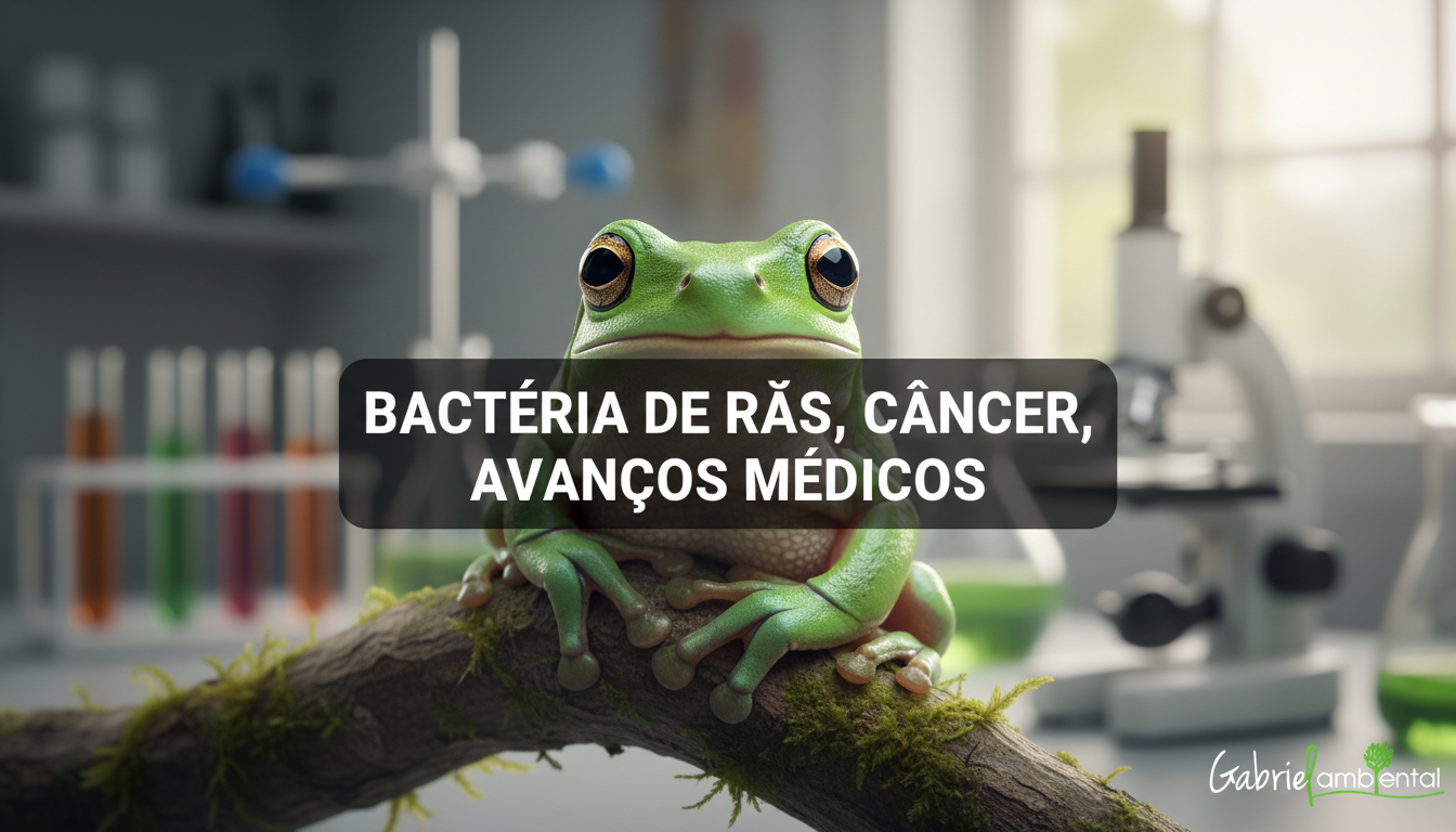 Close-up de uma rã verde em ambiente laboratorial, com faixa central de texto: Bactéria de rãs, Câncer, Avanços médicos
