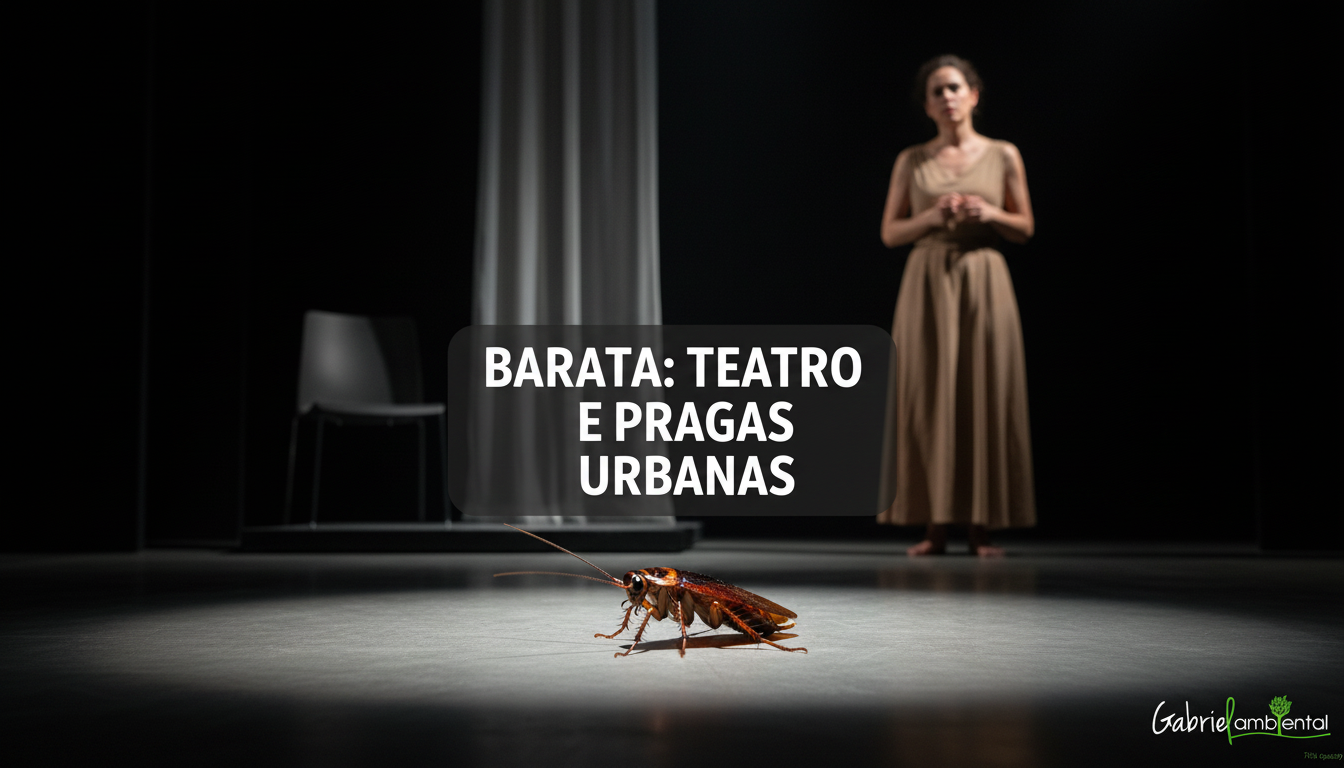 Cena de teatro com um foco de luz sobre uma barata no palco, com uma atriz ao fundo, e uma tarja central com a manchete 'BARATA: TEATRO E PRAGAS URBANAS'.