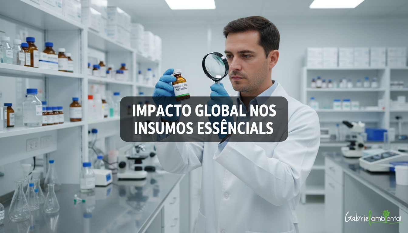 Farmacêutico inspecionando insumo em laboratório sob a manchete 'IMPACTO GLOBAL NOS INSUMOS ESSENCIAIS' para notícia sobre conflito no Irã