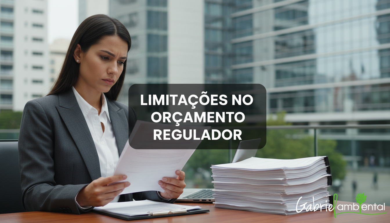 Mulher em traje formal segurando documentos, simbolizando as agências reguladoras e o impacto do congelamento orçamentário no Brasil, cenário em São Paulo.