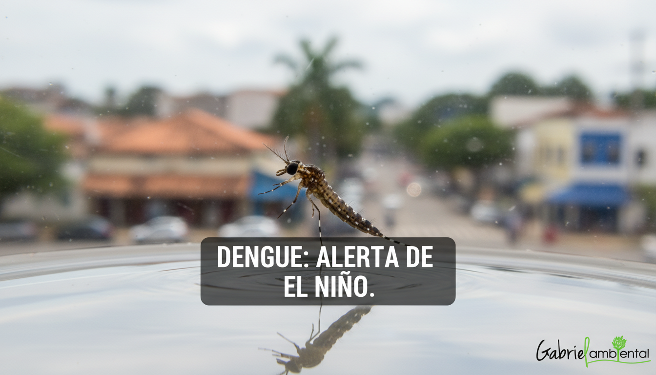 Larva de Aedes aegypti na água, com banner sobre alerta de dengue e El Niño em São Paulo.