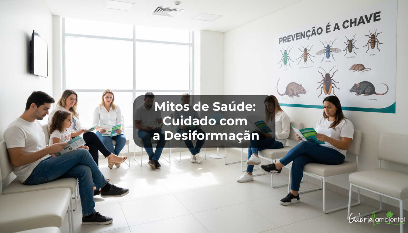 Pessoas em sala de espera de clínica, com cartaz sobre prevenção de pragas e desinformação, destacando a importância da informação correta em saúde pública.