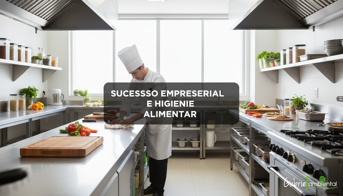 Cozinha impecável de restaurante saudável em Salvador, com chef limpando o balcão e banner com 'SUCESSO EMPRESARIAL E HIGIENE ALIMENTAR'.