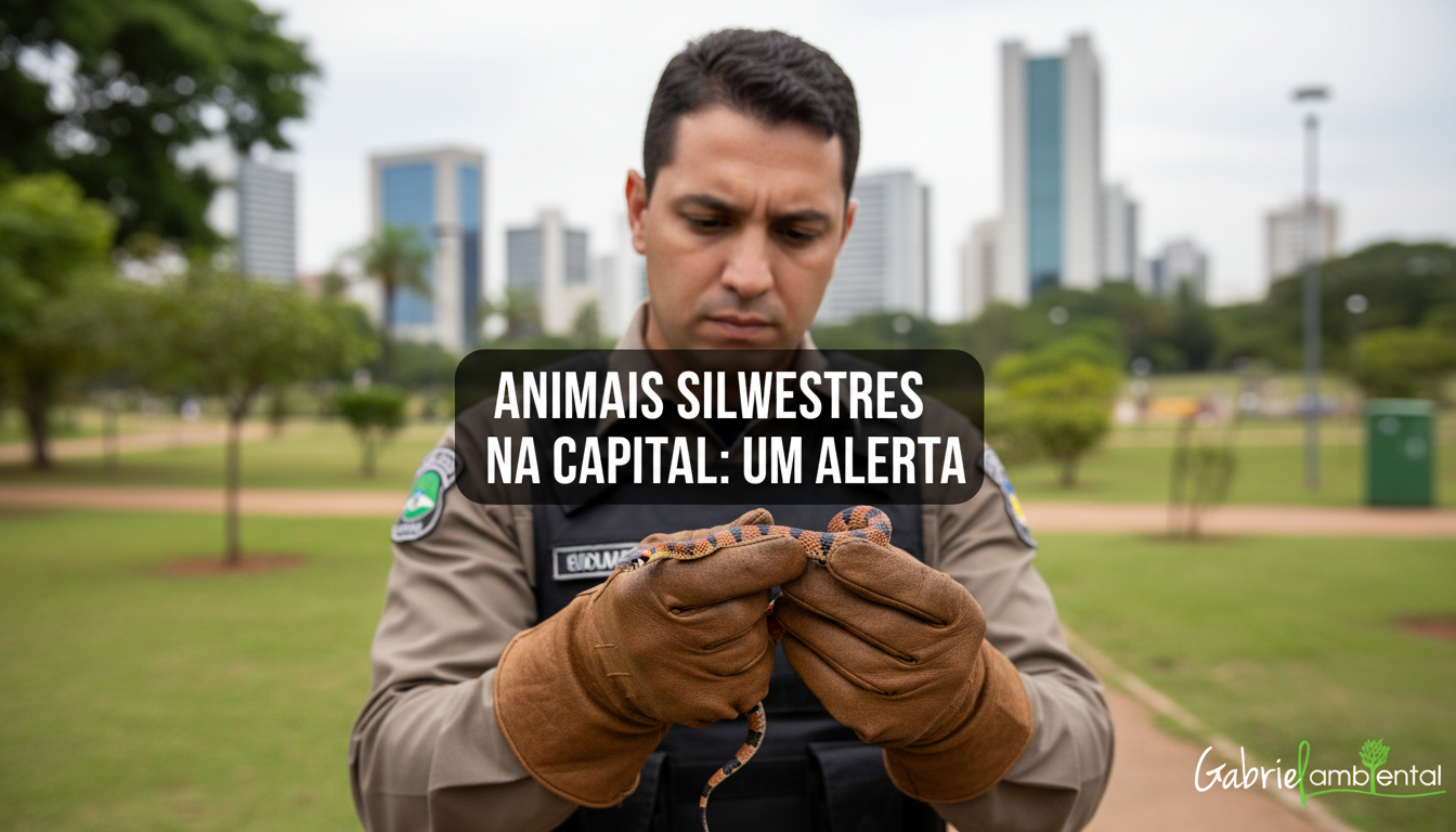 Oficial da polícia ambiental manejando uma cobra capturada em área urbana de Brasília, com a cidade ao fundo.