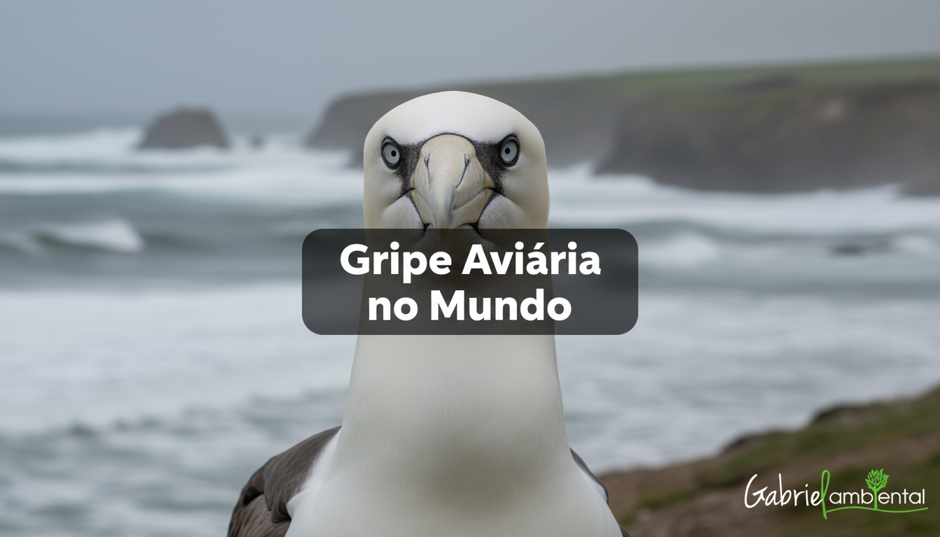 Ave marinha com semblante preocupado, símbolo da ameaça da gripe aviária H5N1, com banner central 'Gripe Aviária no Mundo'.